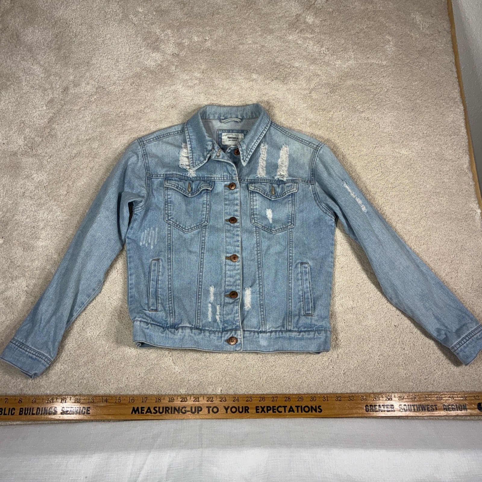 Forever 21 Womens Distressed Denim Jacket Light Wash Blue Trucker Jean Jacket S